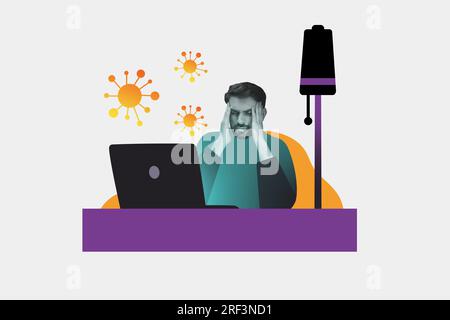 Creative collage image of black white effect effect sick guy headache use netbook virus bacteria isolated on painted background Stock Photo