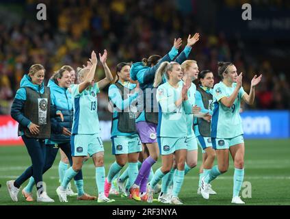 Melbourne, Australia. 31st July, 2023. Players of Australia celebrate winning the Group B match between Canada and Australia at the 2023 FIFA Women's World Cup in Melbourne, Australia, July 31, 2023. Credit: Ding Xu/Xinhua/Alamy Live News Stock Photo