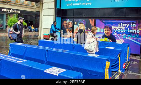 Glasgow, Scotland, UK 31st July, 2023. UCI entry points anti terrorist barriers are installed for the world championships on the city streets to prevent terrorism by vehicle restriction and channeling crowds for bag checks. . Credit Gerard Ferry/Alamy Live News Stock Photo