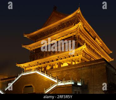 night scenery showing the Drum Tower of Xian in China Stock Photo