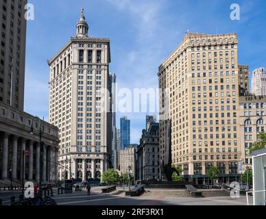 View of Foley Square, a street intersection in the Civic Center of Lower Manhattan, New York City, featuring Thomas Paine Park Stock Photo