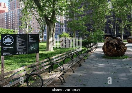 View of Thomas Paine Park, a small triangular park located in the Civic Center neighborhood of Lower Manhattan, New York City Stock Photo