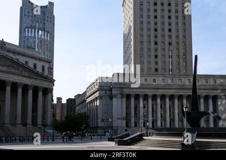 View of Foley Square, a street intersection in the Civic Center of Lower Manhattan, New York City, featuring Thomas Paine Park Stock Photo