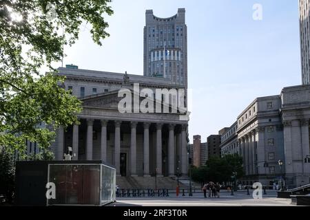 View of Foley Square, a street intersection in the Civic Center of Lower Manhattan, New York City, featuring Thomas Paine Park Stock Photo