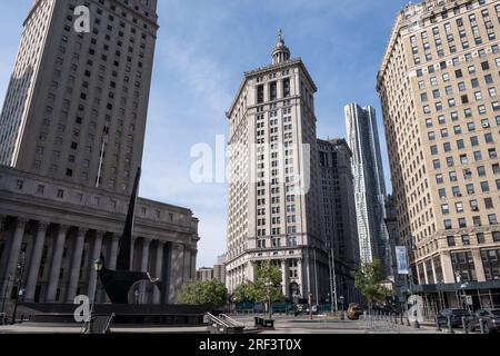 View of Foley Square, a street intersection in the Civic Center of Lower Manhattan, New York City, featuring Thomas Paine Park Stock Photo