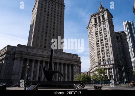 View of Foley Square, a street intersection in the Civic Center of Lower Manhattan, New York City, featuring Thomas Paine Park Stock Photo