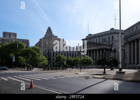 View of Foley Square, a street intersection in the Civic Center of Lower Manhattan, New York City, featuring Thomas Paine Park Stock Photo