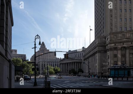 View of Foley Square, a street intersection in the Civic Center of Lower Manhattan, New York City, featuring Thomas Paine Park Stock Photo