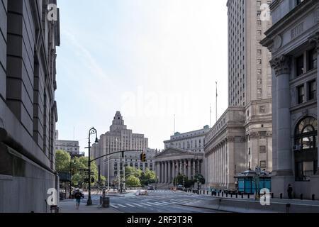 View of Foley Square, a street intersection in the Civic Center of Lower Manhattan, New York City, featuring Thomas Paine Park Stock Photo