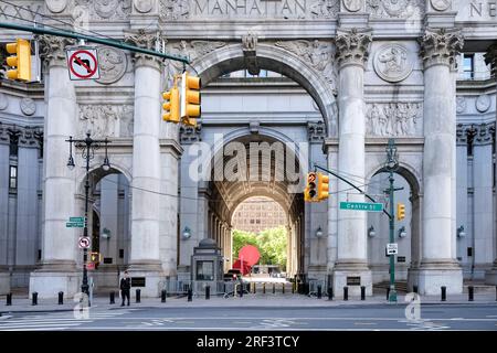 View of the David N. Dinkins Municipal Building, a 40-story building in the Civic Center neighborhood of Manhattan in New York City. Stock Photo