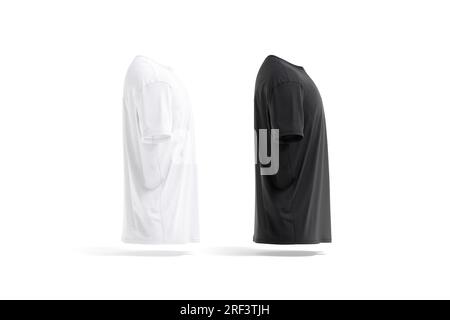 Blank black and white oversize t-shirt mockup, profile view, 3d rendering. Empty big wrinkled tee-shirt with crewneck mock up, isolated. Clear sport o Stock Photo