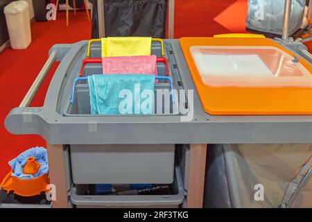 Microfiber Cloths With Buckets at Janitors Trolley Cart Cleaning Equipment Stock Photo
