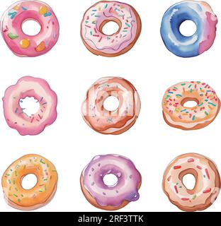 Watercolor donuts set isolated on white background. Hand drawn ...