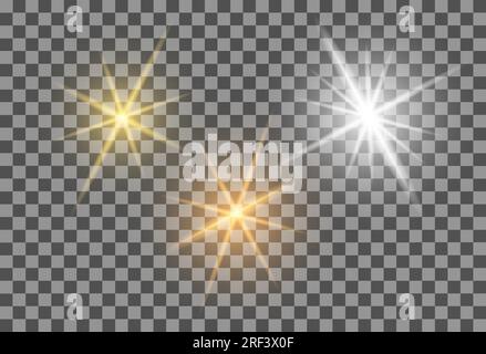 Set of realistic light glare, highlight. Collection of beautiful bright lens flares. Lighting effects of flash. Silver glitter shining stars, glowing Stock Vector