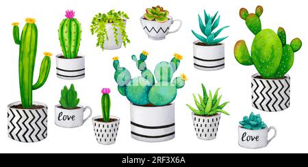 A large set of cacti and succulents in flower pots. Scandinavian, boho style. Collection of watercolor elements for card design, fabric printing, stat Stock Photo