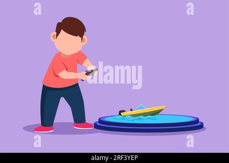 Graphic flat design drawing little boy playing with remote controlled motor boat toy. Happy kids playing with electronic motor boat toy with remote co Stock Photo