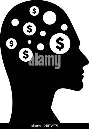 A digital dollar sign icon is displayed on a futuristic human profile face with a brain chip implant for artificial intelligence finance and money min Stock Vector