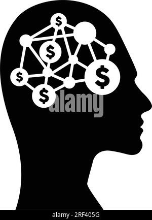 A dollar sign icon on a human profile face with a brain chip implant for Artificial Intelligence finance illustration in glyph pictograms. Stock Vector