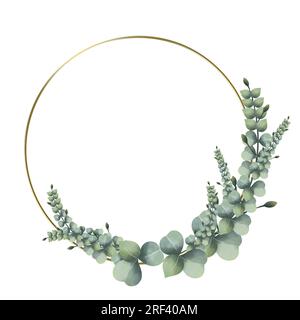 leaf vintage watercolor circle frame with golden hand drawn strokes on white background isolate Stock Vector