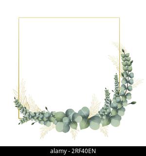 frame golden square vintage leaves watercolor hand drawn golden frame line art on white background isolate Stock Vector