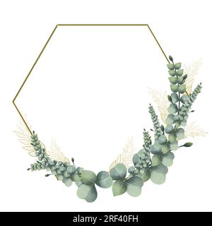 frame golden hexagon vintage leaves watercolor hand drawn golden frame line art on white background isolate Stock Vector
