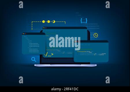 Computer programming, software development illustration with coding and windows. Stock Vector