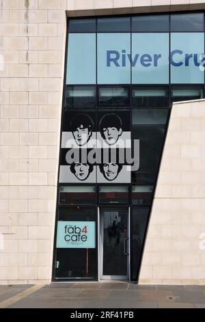 Entrance to the Fab 4 Cafe, related to the Beatles Museum, in the Modernist Pier Head Ferry Terminal Building (2009) on the Waterfront Liverpool UK Stock Photo