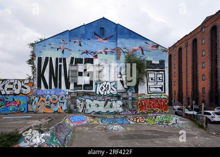 Skate Park and Graffiti Covered Wall Glorifying Knives & Knife Crime Liverpool England Stock Photo