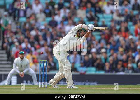 Mitchell Starc of Australia hits the ball into the hands off Zak Crawley of England during the LV= Insurance Ashes Fifth Test Series Day Five England v Australia at The Kia Oval, London, United Kingdom, 31st July 2023 (Photo by Mark Cosgrove/News Images) in, on 7/31/2023. (Photo by Mark Cosgrove/News Images/Sipa USA) Credit: Sipa USA/Alamy Live News Stock Photo