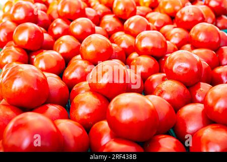 Food background of red, ripe tomatoes on display at a farmers market in July. Stock Photo