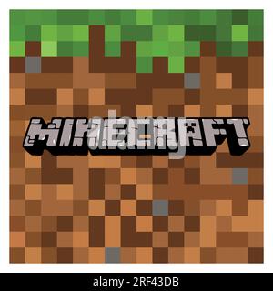 Vector logo of the video game Minecraft. Steam application. Mojang Studios, Xbox Game Studios, Telltale, Sony Interactive Entertainment. Moba genre. E Stock Vector