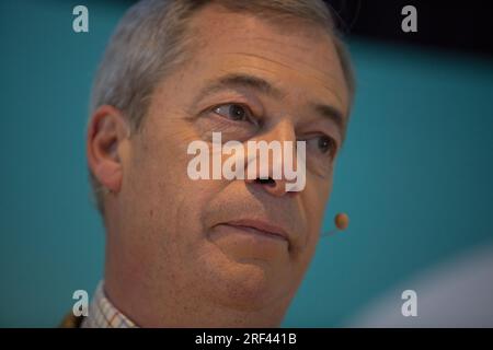 Nigel Farage, Member of European Parliament and leader of the Brexit Party, at event for the forthcoming Parliamentary elections, at a party rally, held in Workington, England, on 6 November 2019. Stock Photo