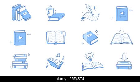 Book line doodle icon set. Hand drawn sketch doodle style line icon book, diary. Open library, reading, school education doodle concept icon. Blue pen line style stroke. Vector illustration. Stock Vector