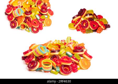 Assorted colorful gummy candies. Top view. Jelly donuts. Jelly bears. Isolated on a white background. Stock Photo