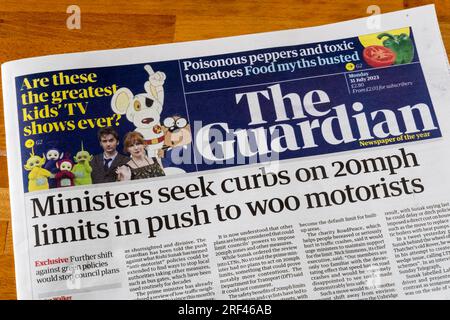 31 July 2023 Guardian front page headline reads Ministers seek curbs on 20mph limits in push to woo motorists. Stock Photo