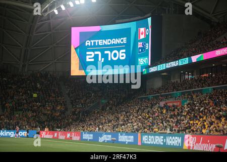 Melbourne, Australia . 31st July, 2023. Melbourne Rectangular Stadium Attendance 27.706 fans during the FIFA Women's World Cup Australia/New Zealand 2023 Group B match between Australia vs Canada at Melbourne Rectangular Stadium on July 31, 2023 in Melbourne, Australia. (Patricia Pérez Ferraro/SPP) Credit: SPP Sport Press Photo. /Alamy Live News Stock Photo