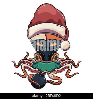 Cartoon cyborg octopus character with christmas santa claus hat, with eye mask, gas mask and with a bomb. Illustration for fantasy, science fiction an Stock Vector