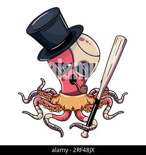 Cartoon cyborg octopus character wearing a fancy top hat smoking a pipe with a baseball bat. Illustration for fantasy, science fiction and adventure c Stock Vector