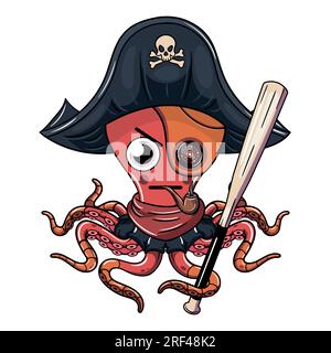 Cartoon pirate cyborg octopus character wearing a tricorne hat smoking a pipe with a baseball bat. Illustration for fantasy, science fiction and adven Stock Vector