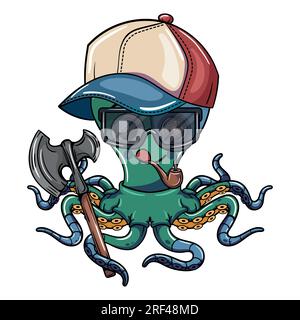 Cartoon comics character of cute cyborg octopus with his cap, safety glasses, smoking a pipe and a war axe. Illustration for fantasy, science fiction Stock Vector