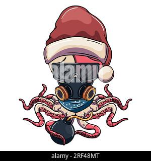 Cartoon sad cyborg octopus character with santa claus hat, glasses and gas mask with a bomb. Illustration for fantasy, science fiction and adventure c Stock Vector