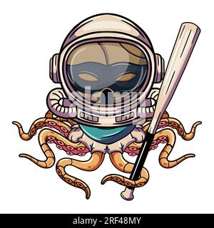 Cartoon octopus cyborg astronaut character with space suit and a baseball bat. Illustration for fantasy, science fiction and adventure comics Stock Vector