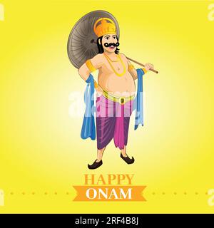 Happy Onam, Mahabali Onam celebration drawing, Maveli vector illustration, Onam greetings, Kerala festival celebrated by Malayali's Stock Vector