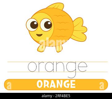 Trace and write word orange. Handwriting practice. Learning colors. Worksheets for kids. Stock Vector