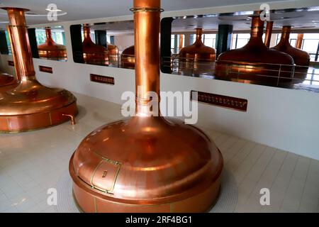 Vintage copper kettle in brewery. Traditional copper distillery tanks in beer brewery, brew kettle for beer, Pilsen, Czech Republic Stock Photo