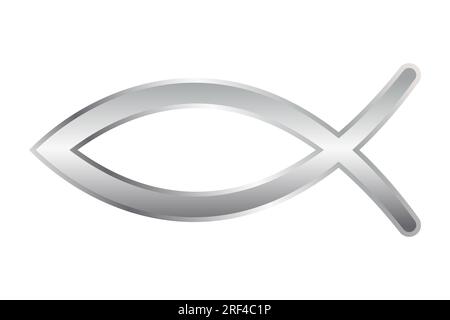 Silver colored sign of the fish symbol. Jesus fish, symbol of Christian art, consisting of 2 intersecting arcs, also called ichthys or ichthus. Stock Photo