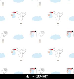 Children's background. Stork with a baby in the clouds. Stock Vector