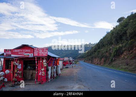 Great Rift Valley Kenya Landscapes Savannah Grassland Narok County Mai Mahiu View point Kenya Roads highway Ntulele Wheat Farm Mountains Hills Plants Stock Photo