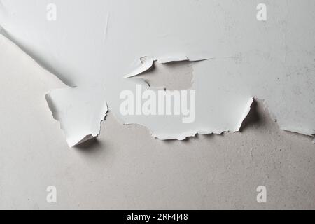 Ceiling damage, peeling paint of a rotting wet drywall surface in a room with humidity. Peel close up Stock Photo