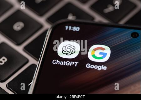 New York, USA - July 31, 2023: ChatGpt and google apps on smartphone screen close up Stock Photo